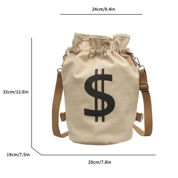 Bank Heist Money Bag Satchel Canvas Drawstring Backpack with Dollar Sign- Black - Picture 5 of 5